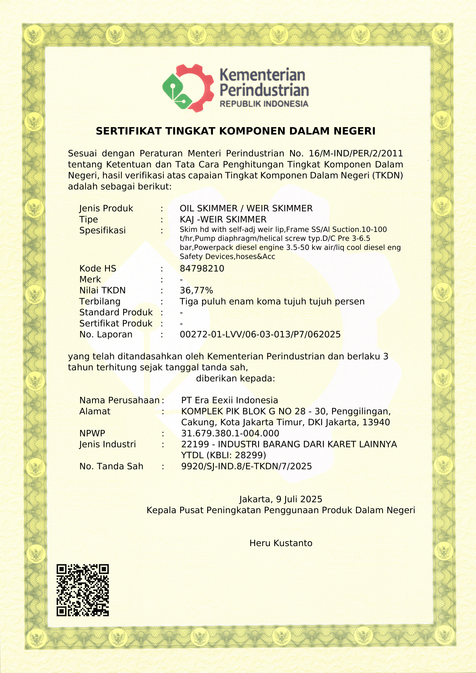 SERTFIKAT TKDN WEIR SKIMMER