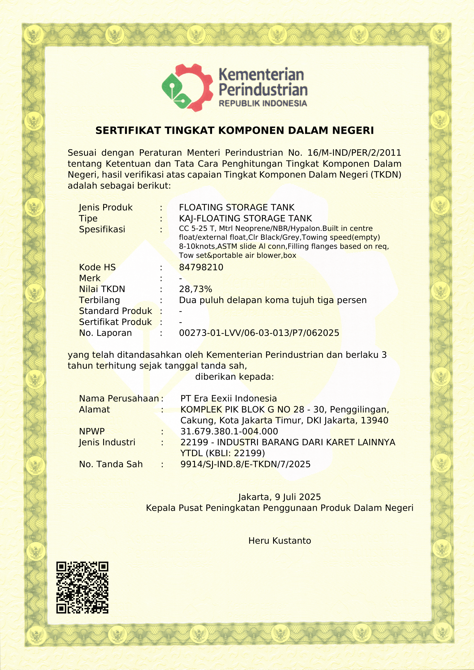 SERTIFIKAT TKDN FLOATING STORAGE TANK