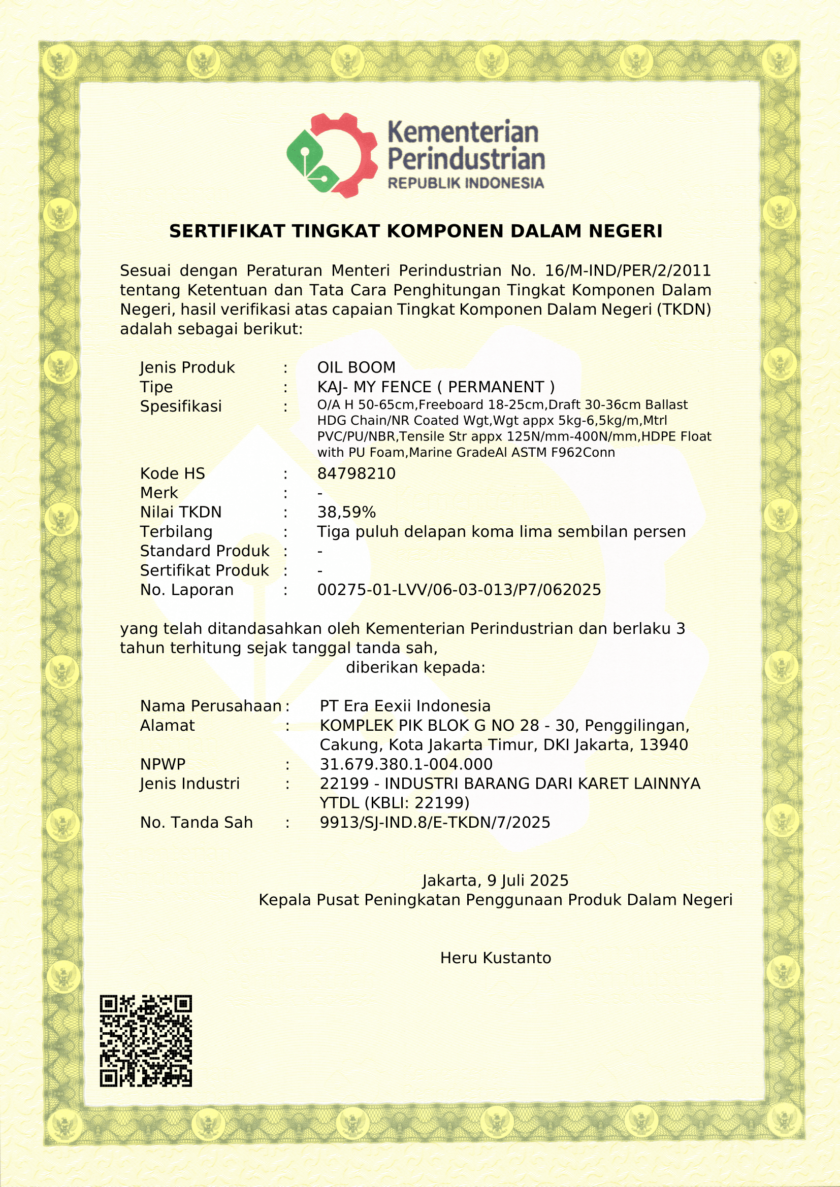SERTIFIKAT TKDN OIL BOOM MY FENCE PERMANENT