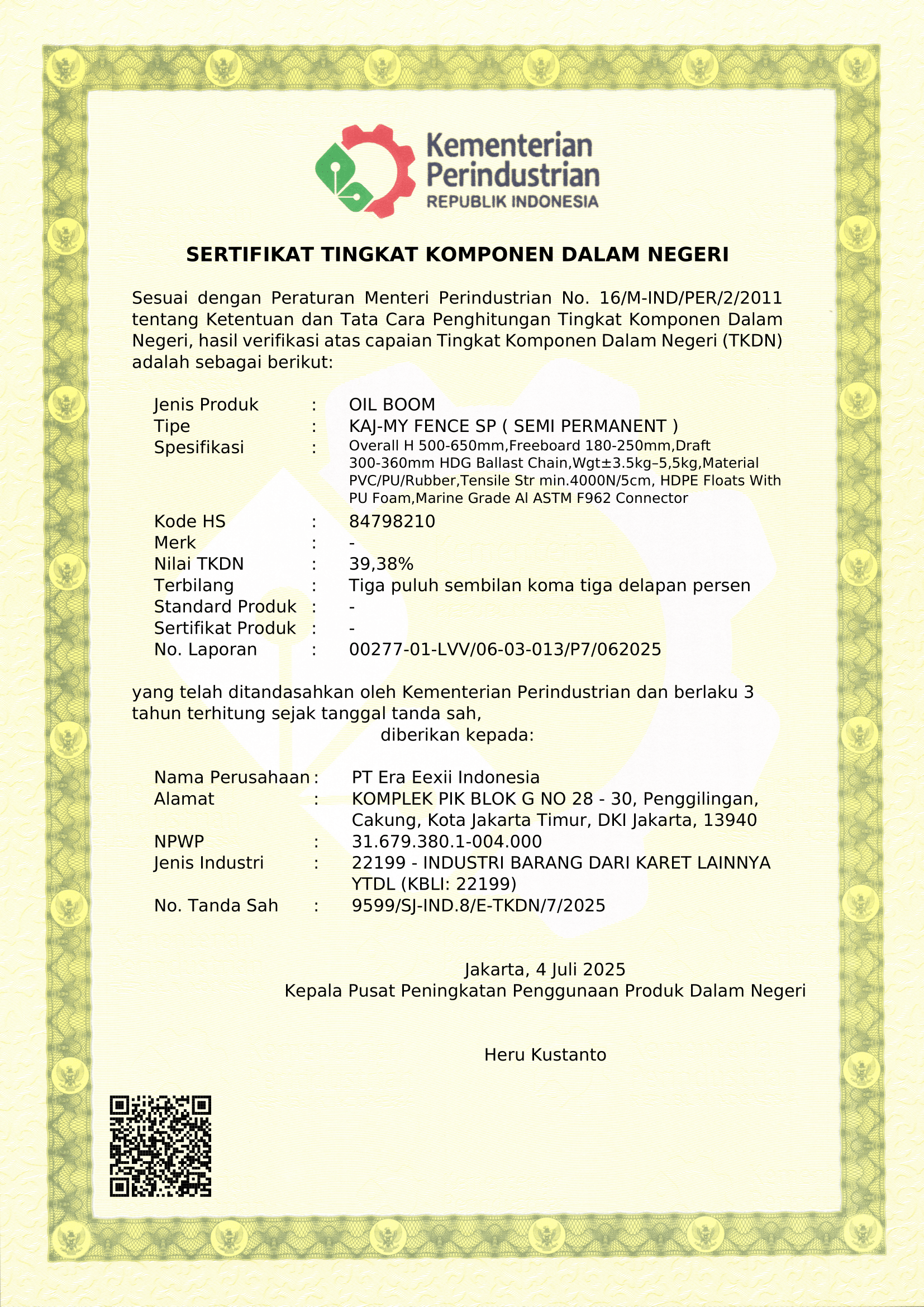 SERTIFIKAT TKDN OIL BOOM MY FENCE SEMI PERMANENT