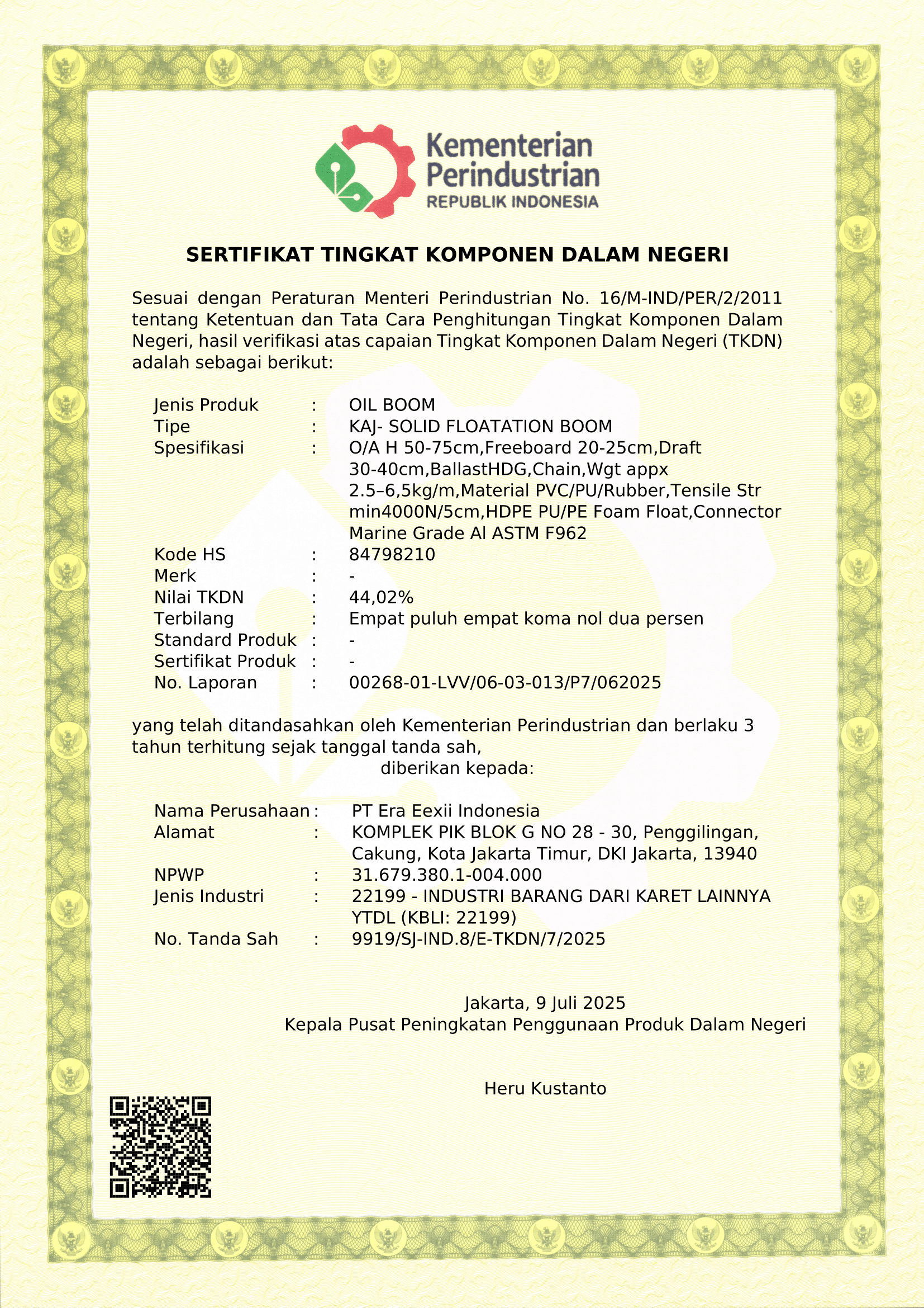 SERTIFIKAT TKDN SOLID FLOATATION BOOM